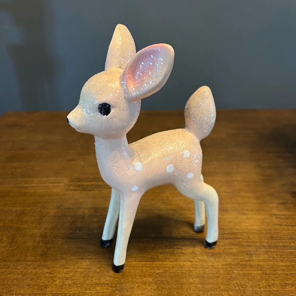 Holiday Vintage Glitter Deer Fawn Christmas Figurine Pastel Pink